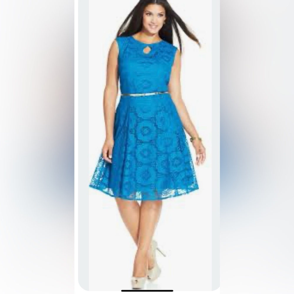 London Style Collection Turquoise circle Lace Overlay Sleeveless Dress sz14
